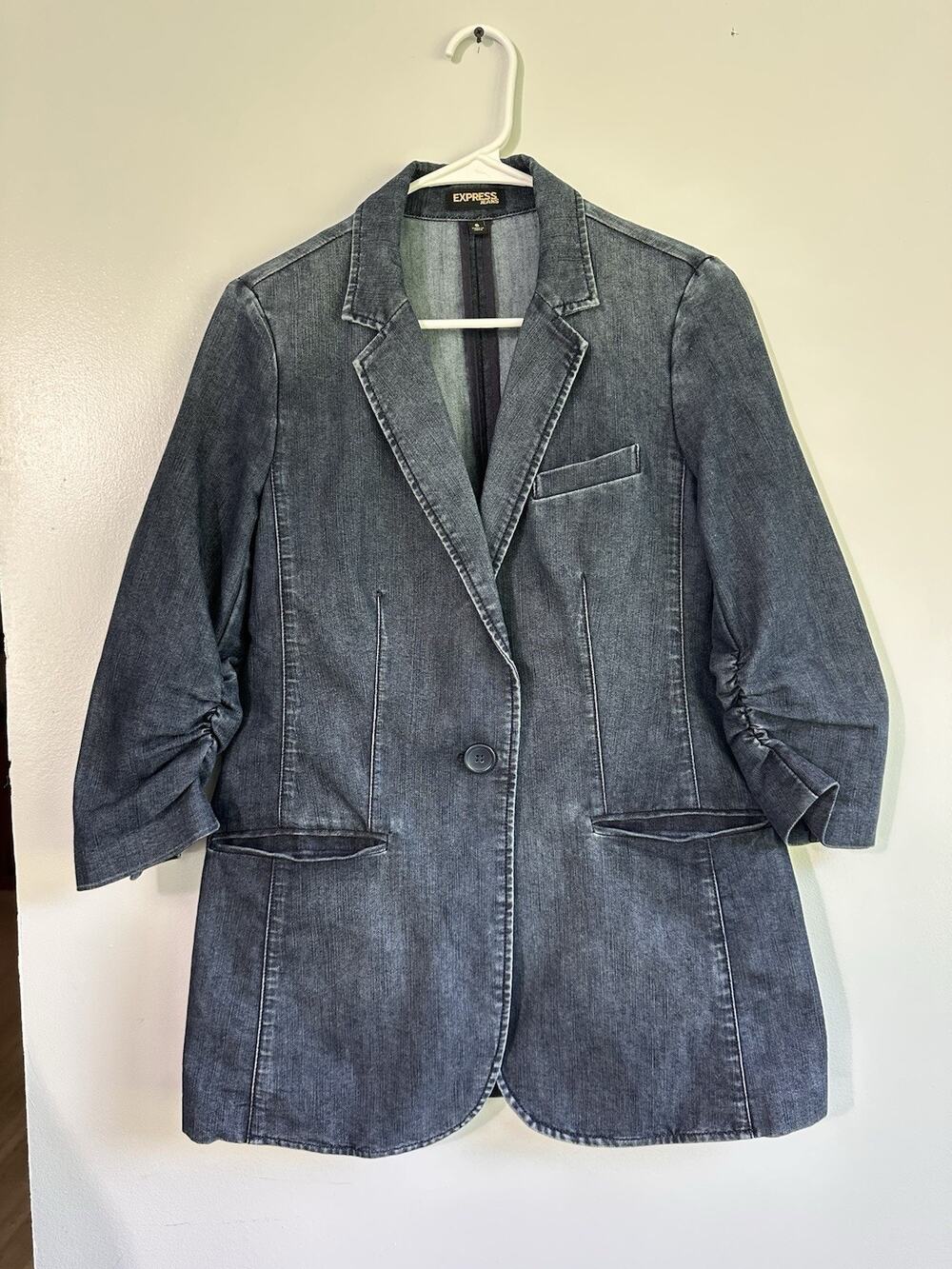 Vintage Y2K Express Denim Blazer Woman’s Size 6 Ruched Cuffs 3/4 Sleeve